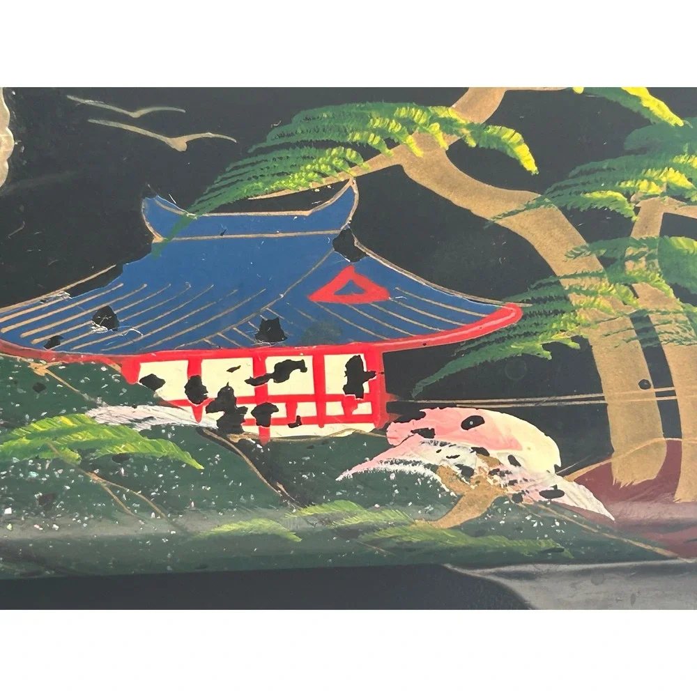 Vintage Japanese Lacquer Jewelry Box Abalone Inlay Mt Fuji Pagoda Black Blue